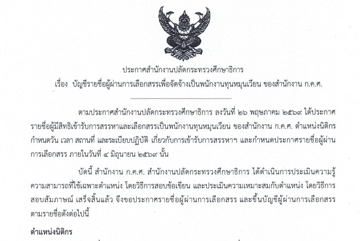 ประกาศรายชื่อผู้ผ่าน