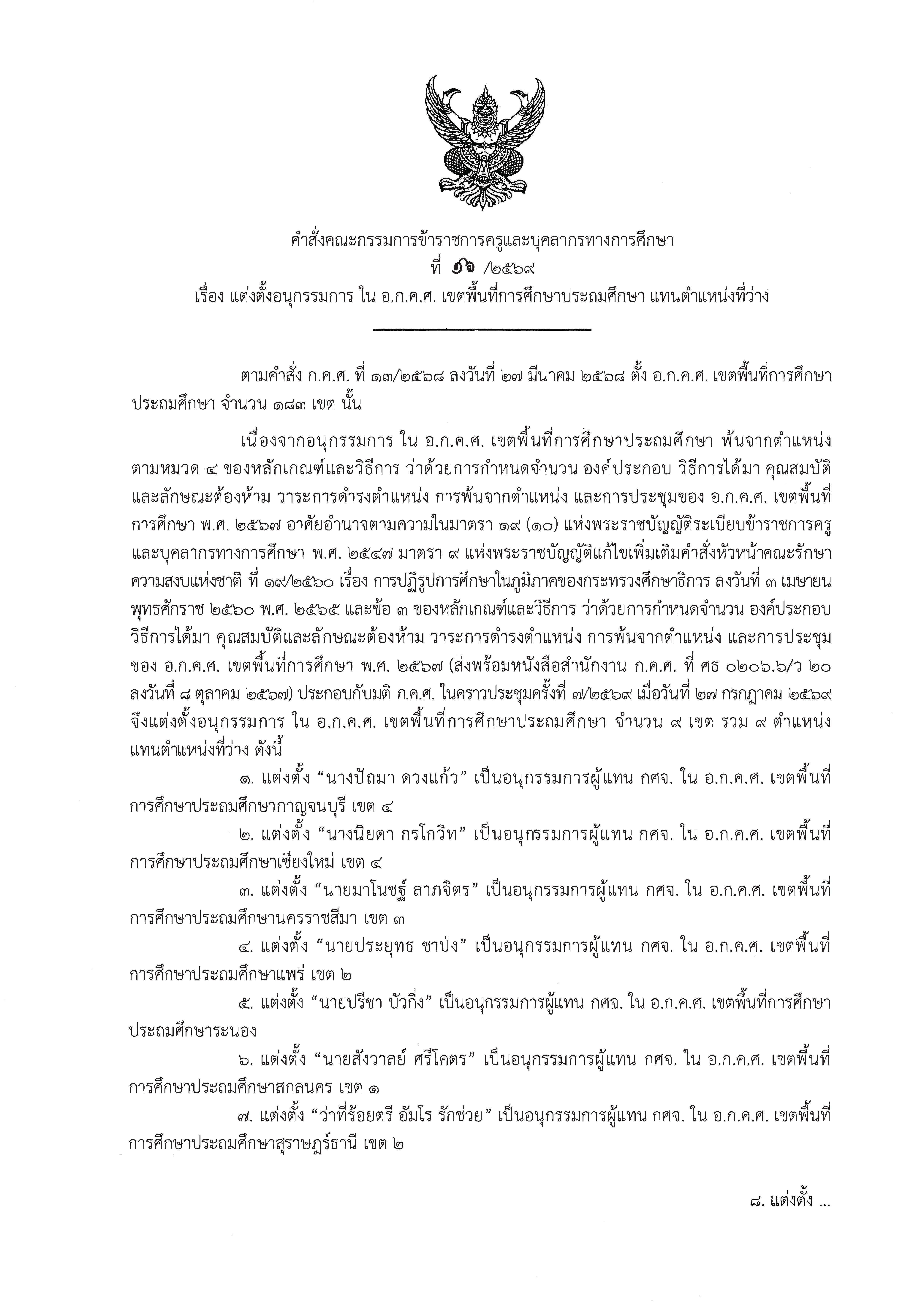 คำสั่งที่ 16 2569 แต่งตั้งอนุกรรมการ ประถมฯ Page 1